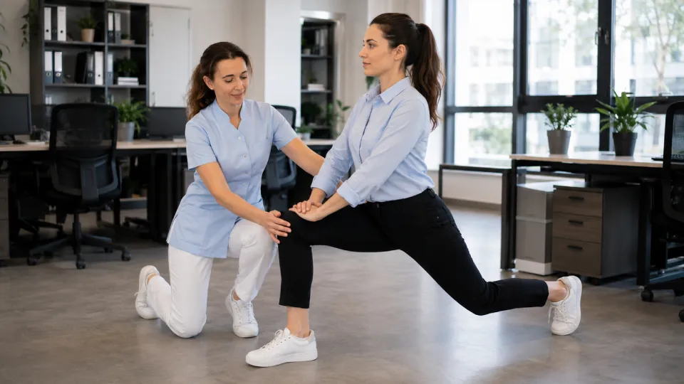 Prévention des TMS au travail : kinésithérapeute corrigeant la posture d'une salariée